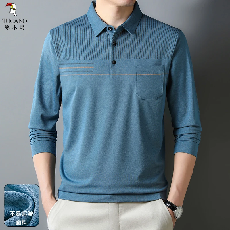 啄木鸟早秋长袖POLO衫时尚舒适透气条纹上衣日常通勤翻领男士T恤