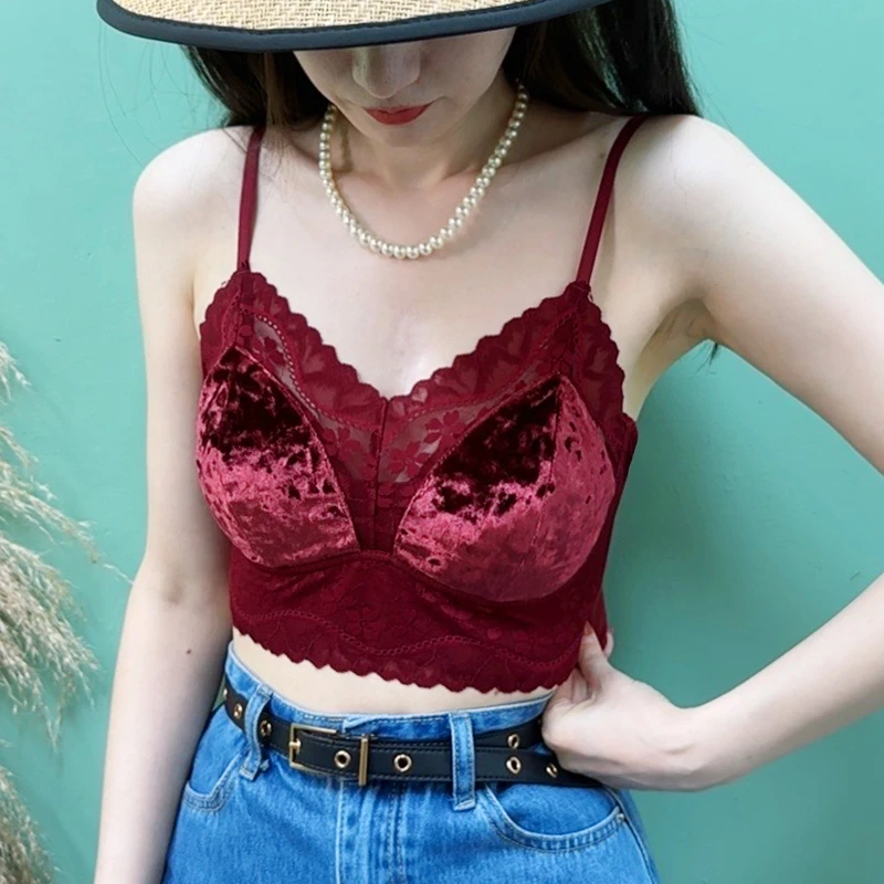 媚姬82446吊带背心女士小胸聚拢舒适蕾丝打底内搭一体胸垫美背