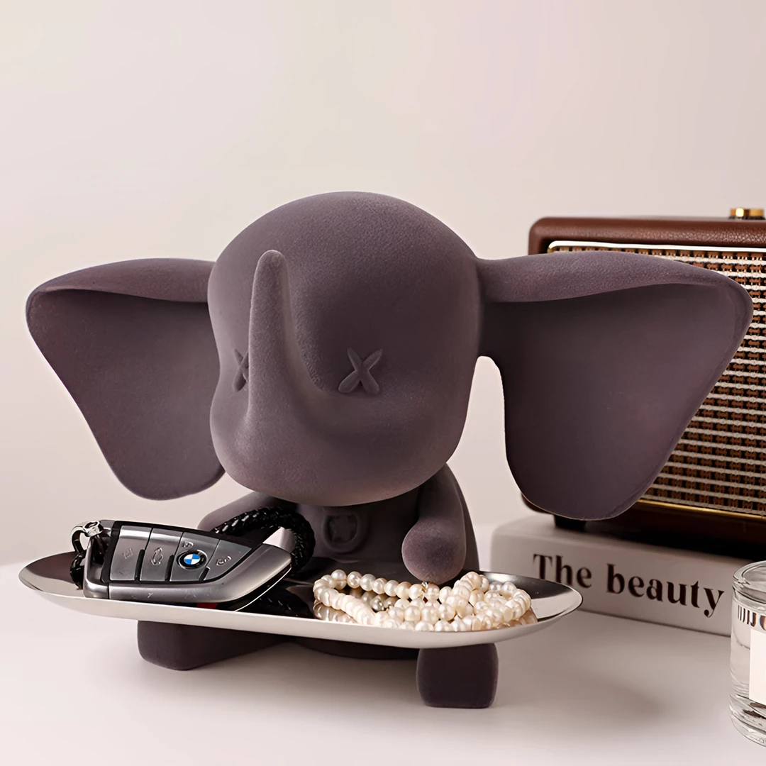 树脂植绒小飞象托盘摆件桌摆玄关钥匙收纳盘小飞象植绒工艺品公仔