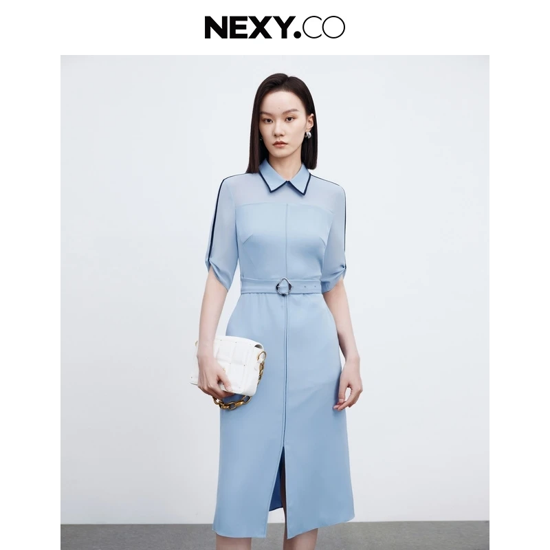 NEXY.CO/夏季新款奈蔻优雅连衣裙设计感修身蓝色XF04746N4