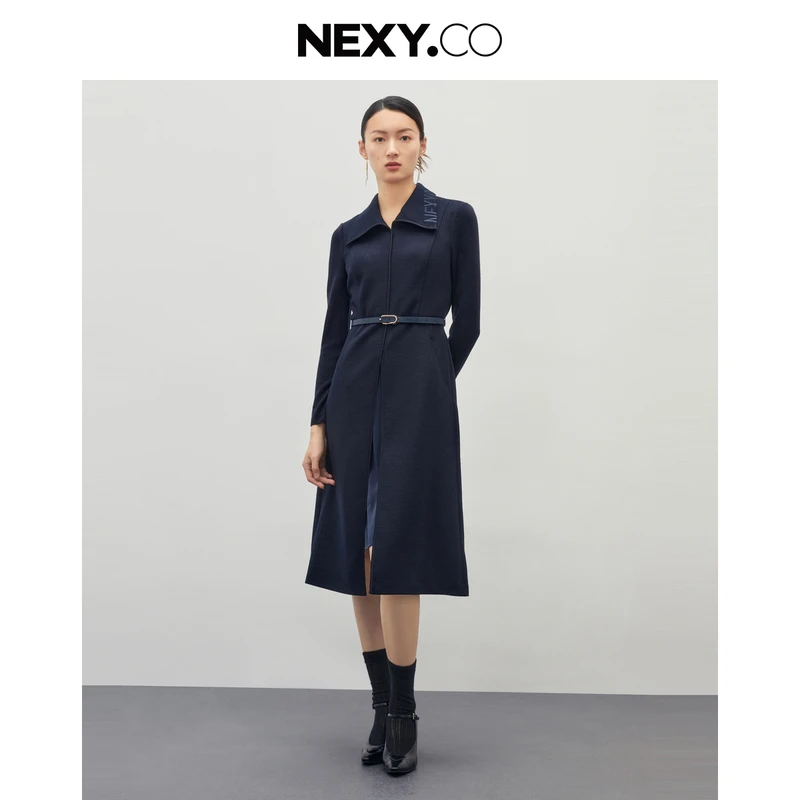 NEXY.CO/奈蔻轻奢连衣裙设计师蓝色收腰通勤长袖拼接XF05586P7
