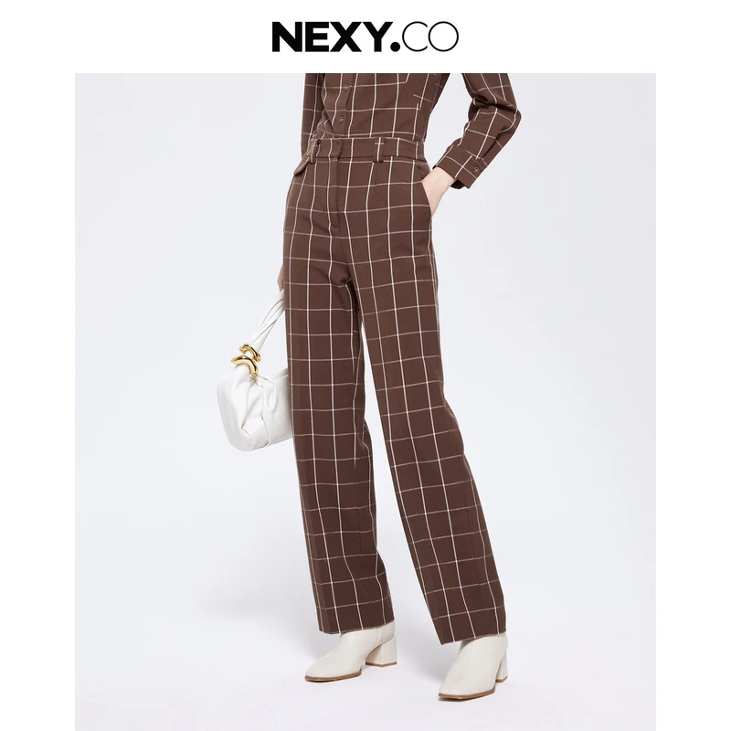 NEXY.CO/奈蔻棕格子高腰宽松直筒长裤时尚百搭格纹经典XV01674D4