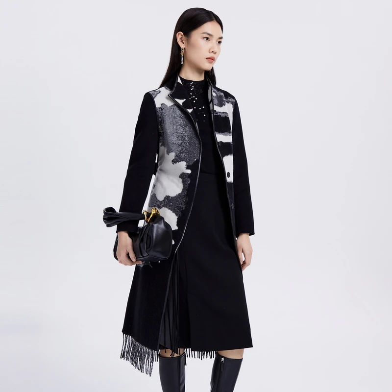 NEXY.CO/奈蔻毛呢外套黑白流苏拼色时尚设计大衣印花女XL00380W0