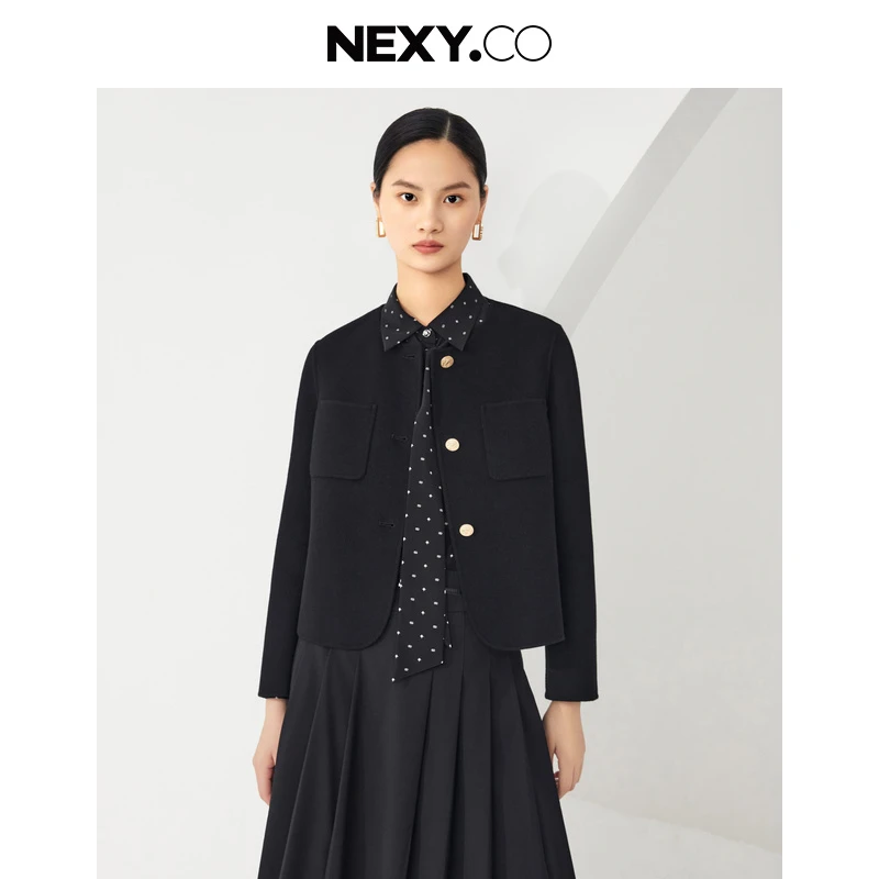 NEXY.CO/奈蔻翻领毛呢黑色短外套XL00794W0/XL00795C7
