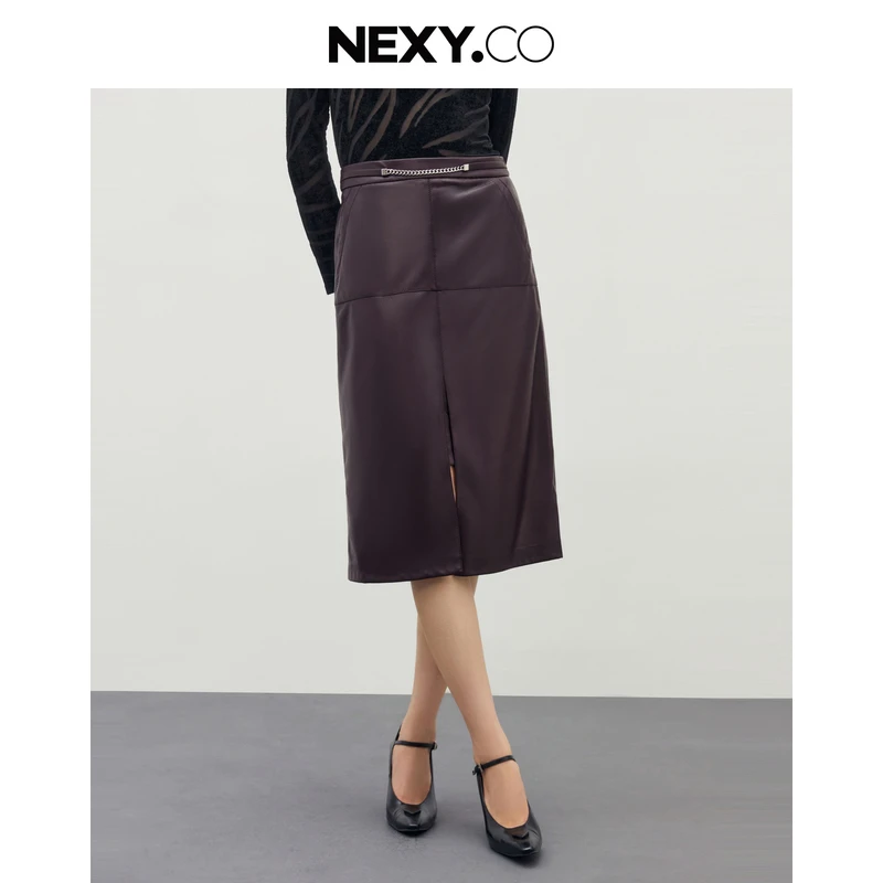 NEXY.CO/奈蔻复古半裙显瘦女士撞色开叉长款XW01355T7