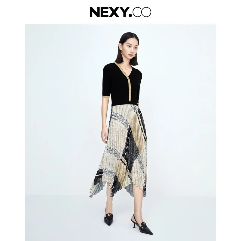 NEXY.CO/奈蔻连衣裙夏新款时尚针织拼接女装撞色气质XF04115D1