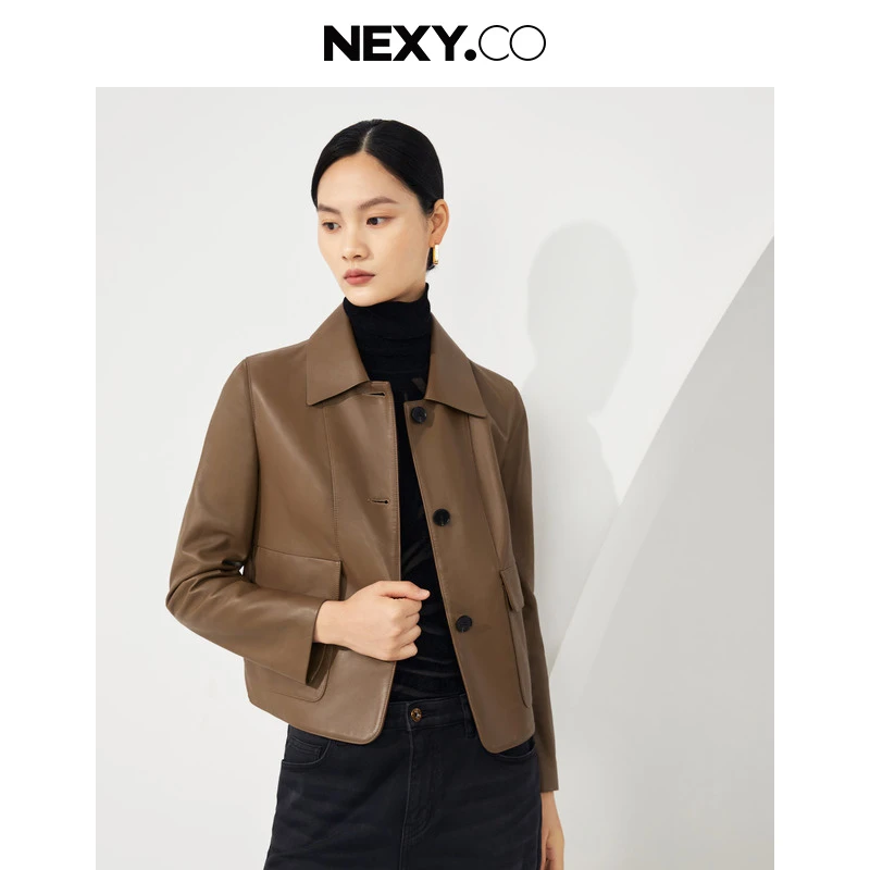 NEXY.CO/奈蔻真皮单皮外套秋冬翻领简约女简约修身气质XP00186E5