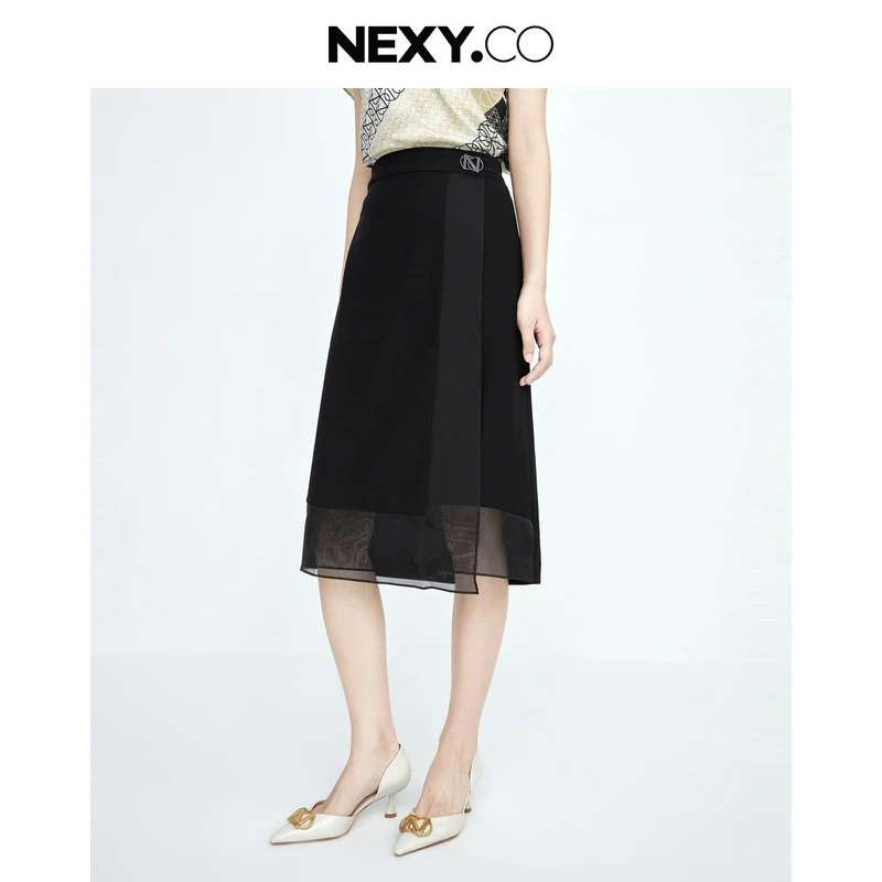 NEXY.CO/奈蔻半裙半身裙时尚夏季拼接气质黑色高腰显瘦XW01214W0