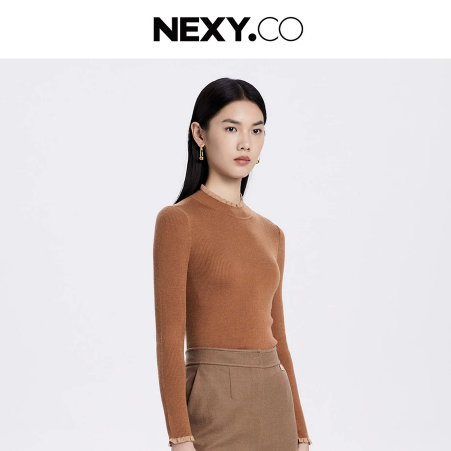 NEXY.CO/奈蔻修身羊毛针织衫女打底衫花边领套头毛衣XZ01722C5