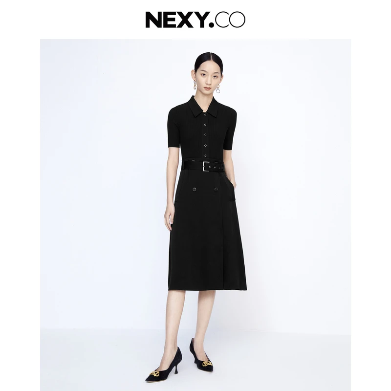 NEXY.CO/奈蔻黑色针织连衣裙新款短袖时尚高级气质通勤XF05130W0