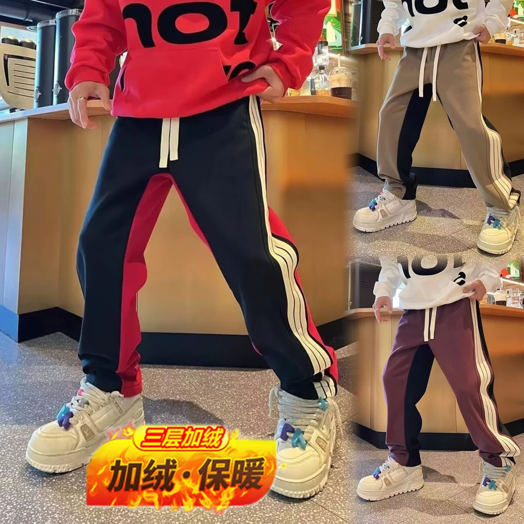 冬季加绒厚款条纹拼接休闲裤男潮流百搭AB双拼面宽松直筒阔腿长裤