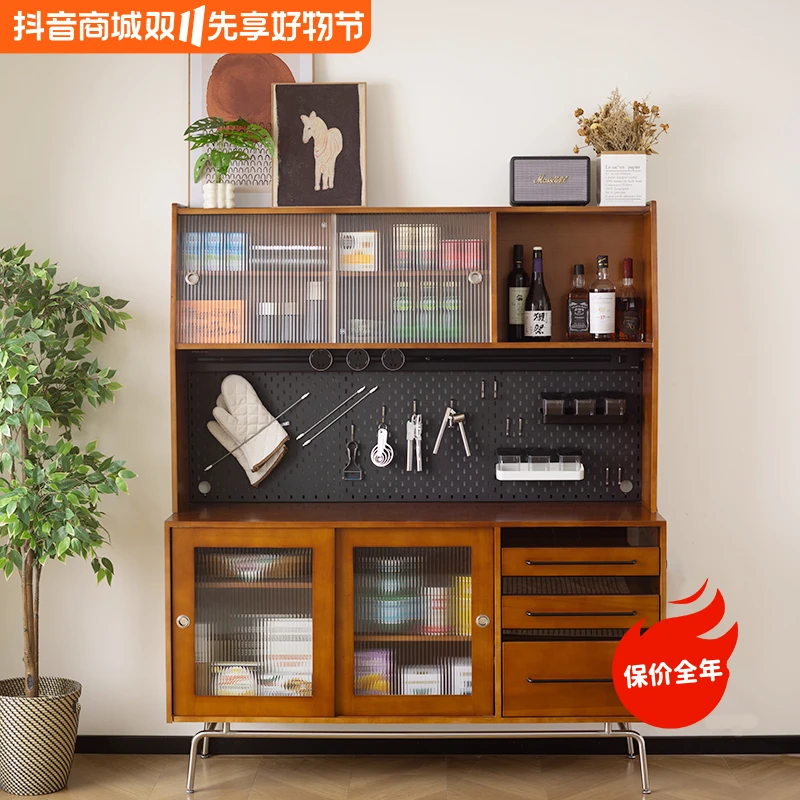 北欧复古风餐边柜实木储物柜小户型客厅家用靠墙储物简约玻璃酒柜