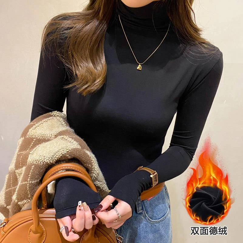 德绒高领打底t衫女秋冬内搭长袖T恤加绒保暖加厚修身高领上衣百搭
