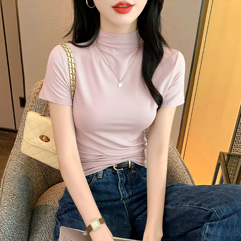 莫代尔半高领短袖t恤女洋气夏季百搭紧身打底t衫内搭正肩上衣薄款