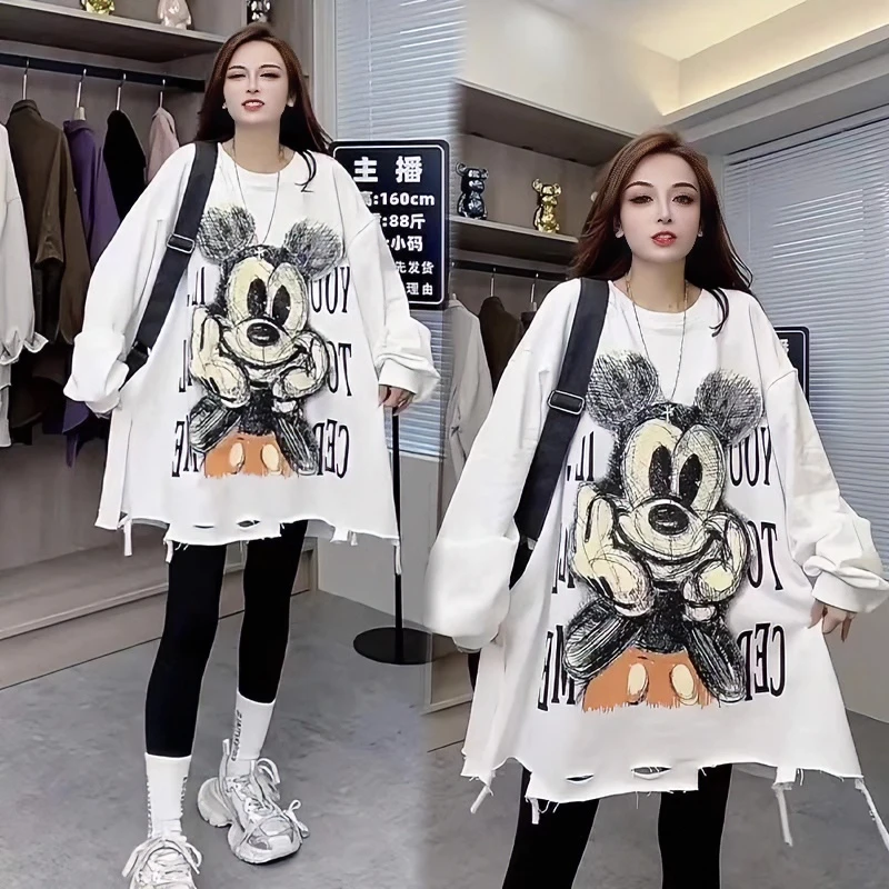 2-300斤秋季大码卡通印花中长款薄款长袖卫衣女宽松新款百搭上衣