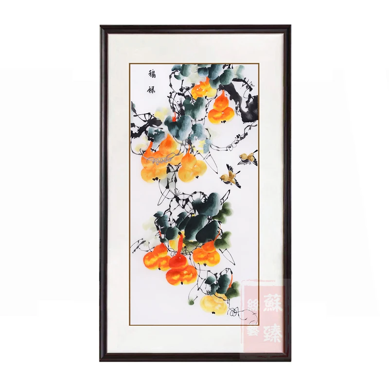 苏绣成品挂画玄关竖版事事如意柿子中式餐厅苏州纯手工刺绣装饰画