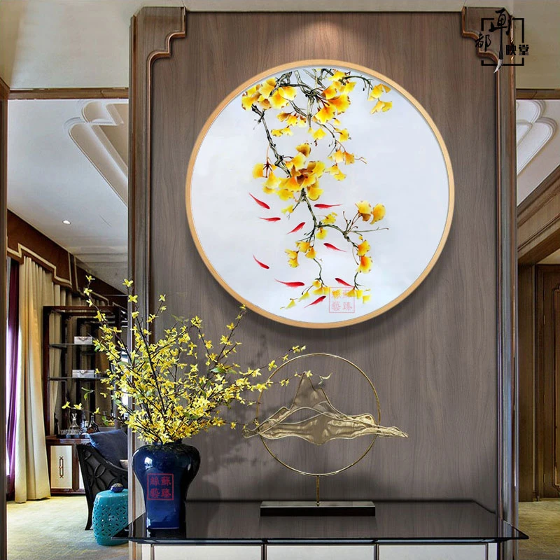 苏绣成品挂画银杏叶圆形3联画客厅玄关绣品装饰画苏州纯手工刺绣