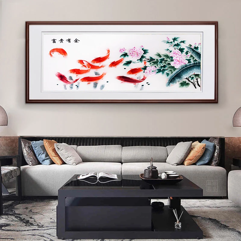 苏绣成品挂画芙蓉荷花九鱼图客厅装饰画纯手工刺绣壁画新中式