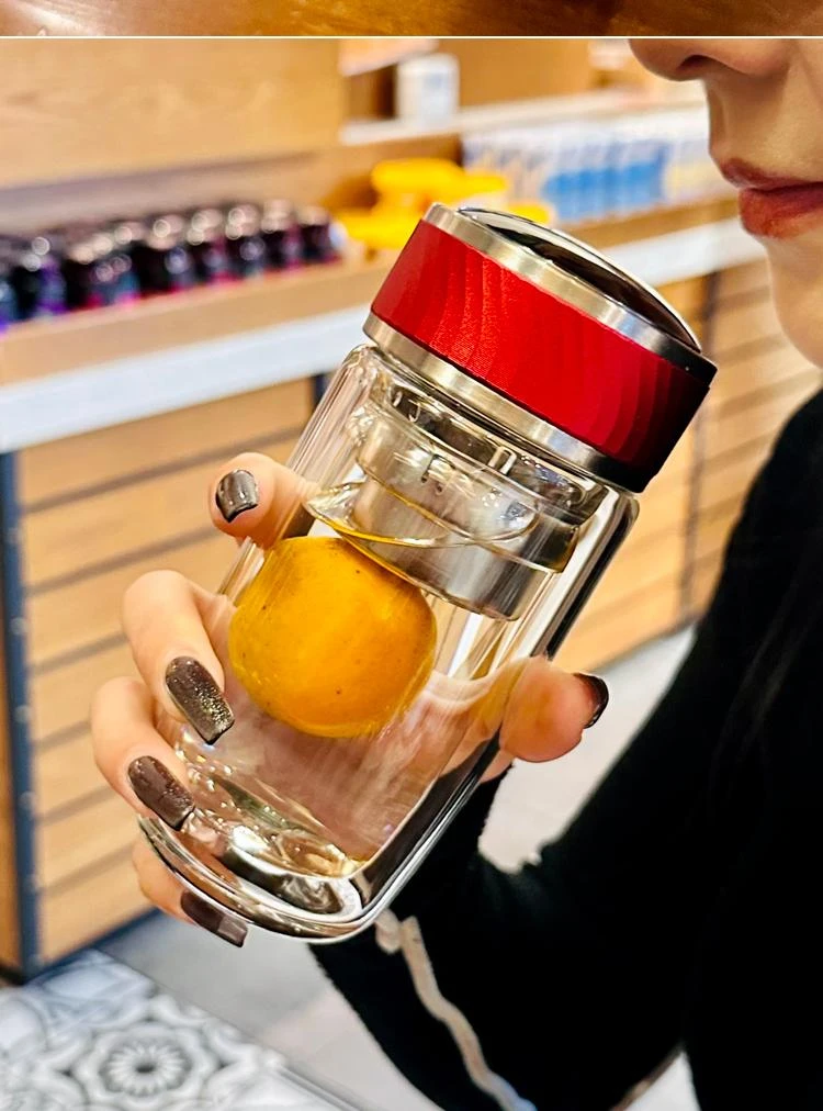 职场女性双层防烫玻璃水杯透明带盖过滤高硼硅玻璃杯便携小巧可爱