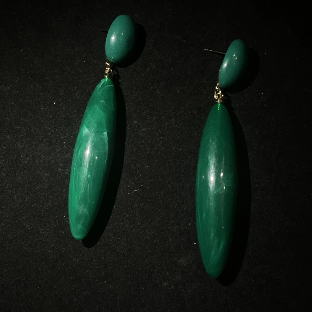 铜合金合成锆石耳饰 复古绿色高级吊坠耳环