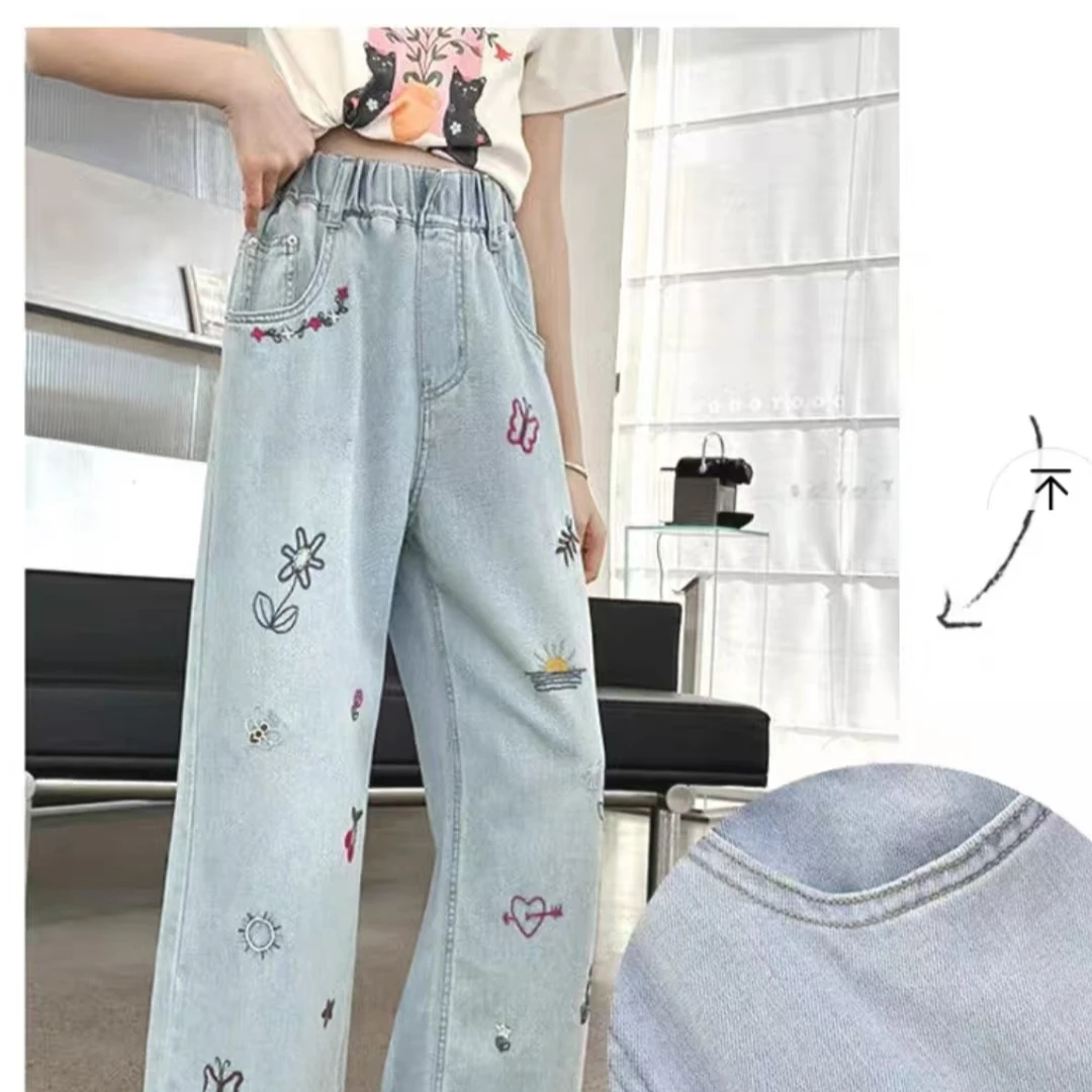 春款童装软糯印花牛仔裤女童儿童高腰直筒休闲百搭夏季春夏