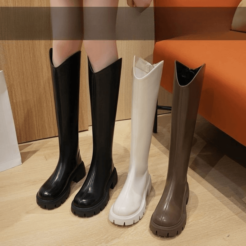 新款厚底小个子显高长筒靴高跟辣妹高筒不过膝骑士靴增高软皮长靴