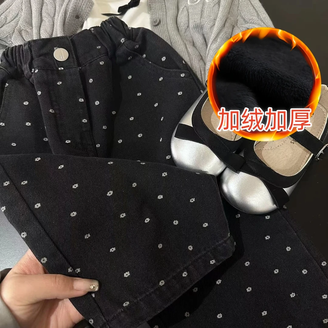 【妹妹童装】新款秋冬加绒女童碎花牛仔裤ins风洋气百搭波点小花裤