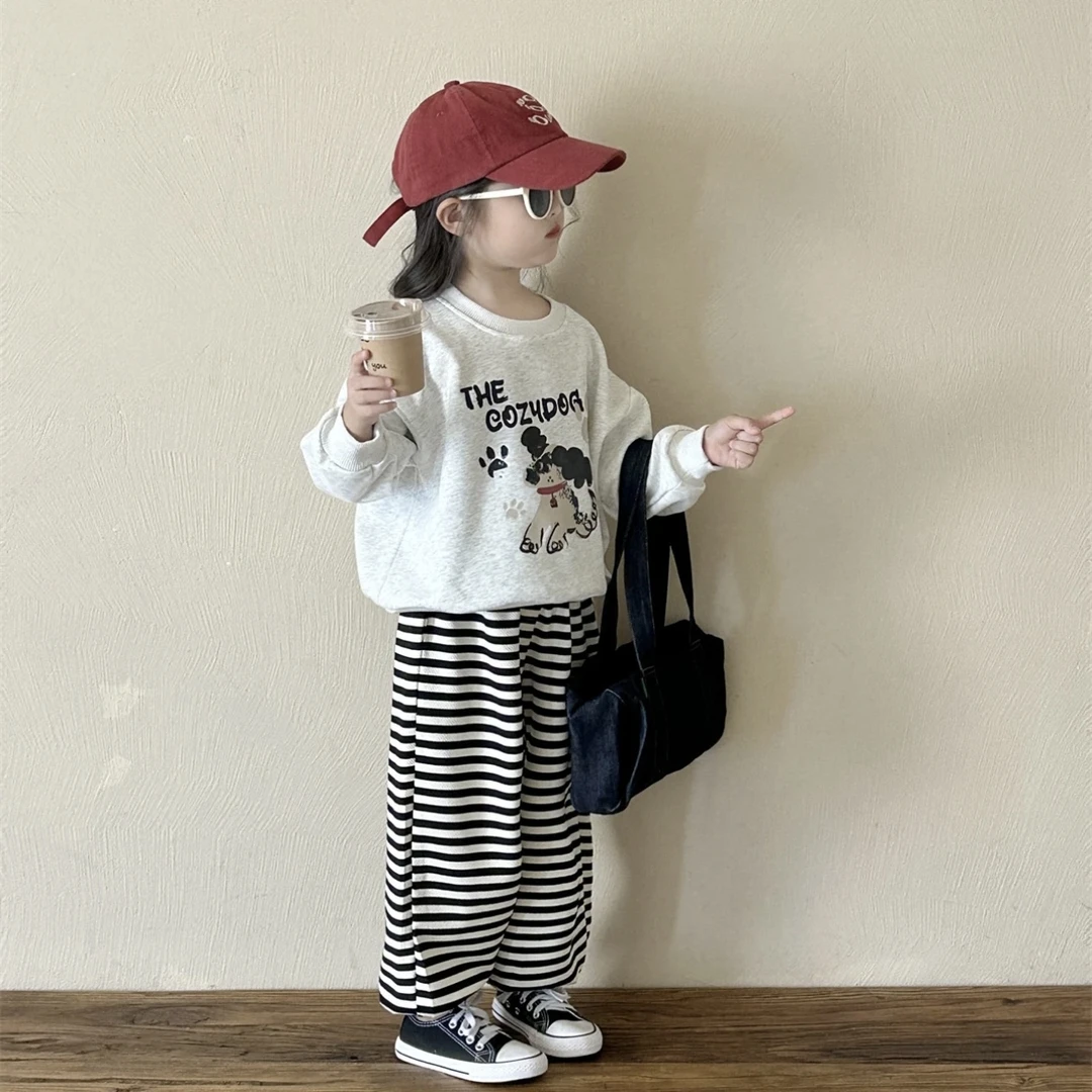 2024秋季新款女童套装卡通小狗卫衣儿童洋气百搭条纹卫裤两件套