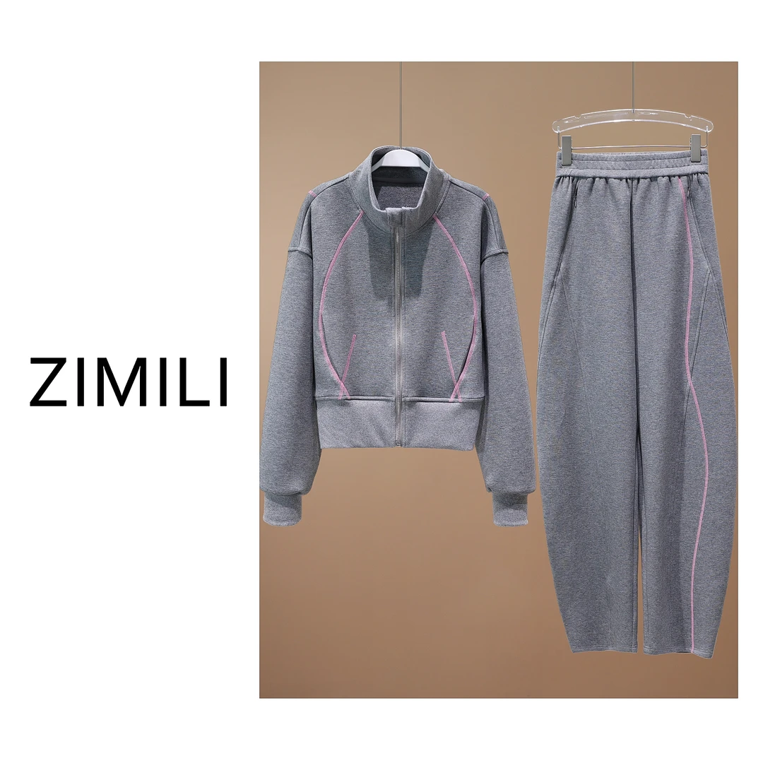 【亮哥女装】2025秋冬新品《烟暮》灰色立领拼色S型小众套装3023