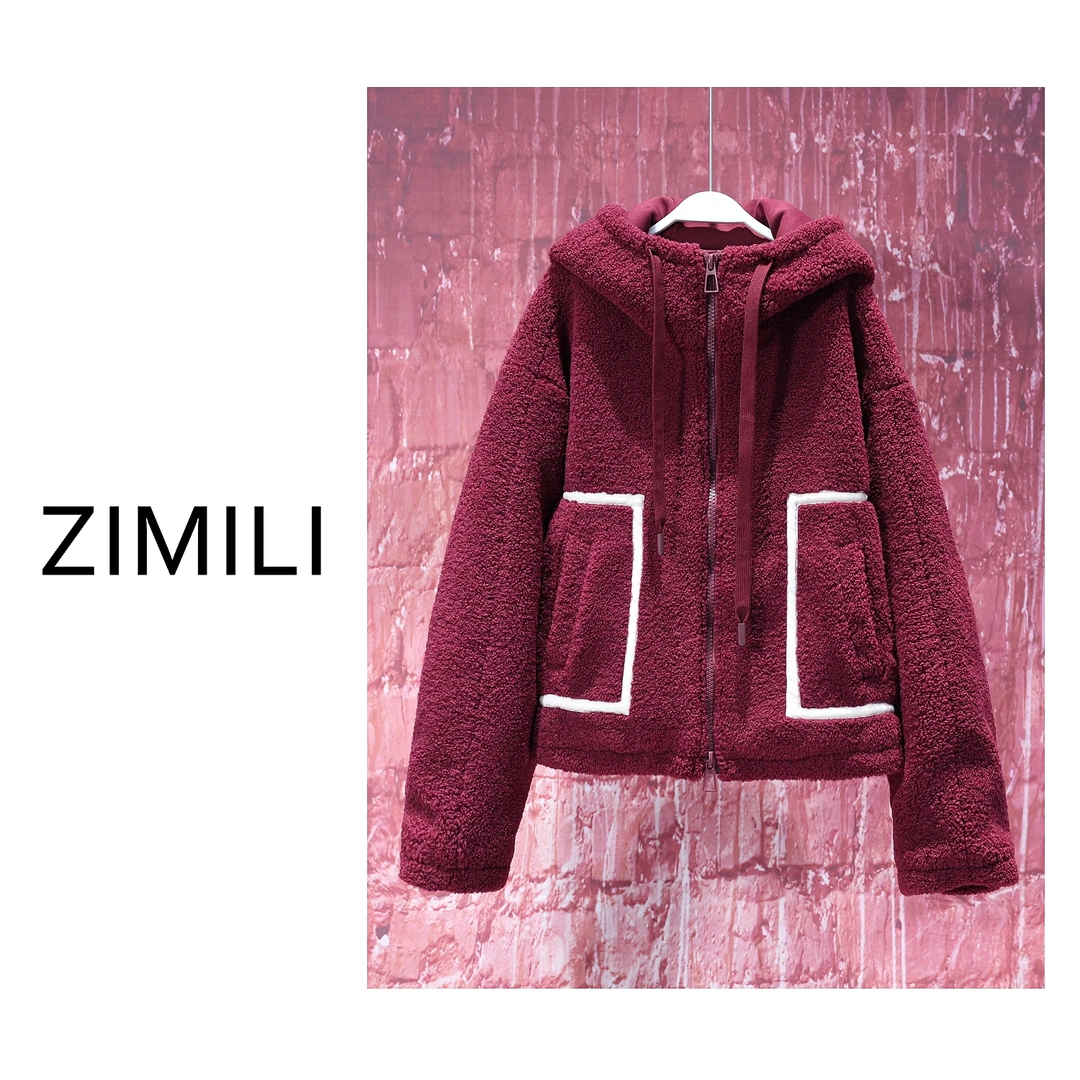 【亮哥女装】冬季小众设计欧货波尔多红慵懒风连帽毛毛衣5610