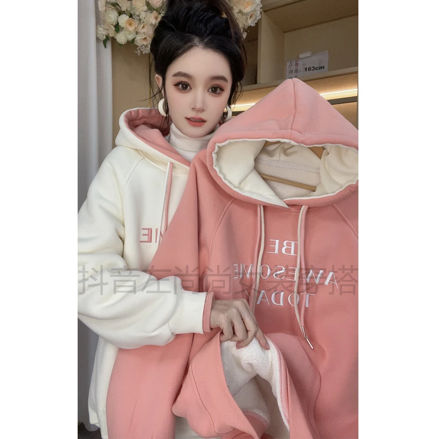 【巨厚短款-小版型-9341】冬新款短款卫衣加厚北极绒刺绣连帽上衣