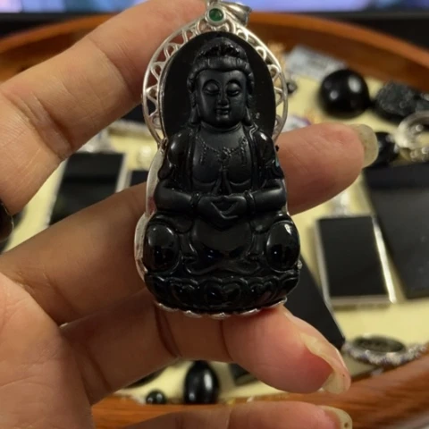 翡翠戒指银S925镶嵌墨翠