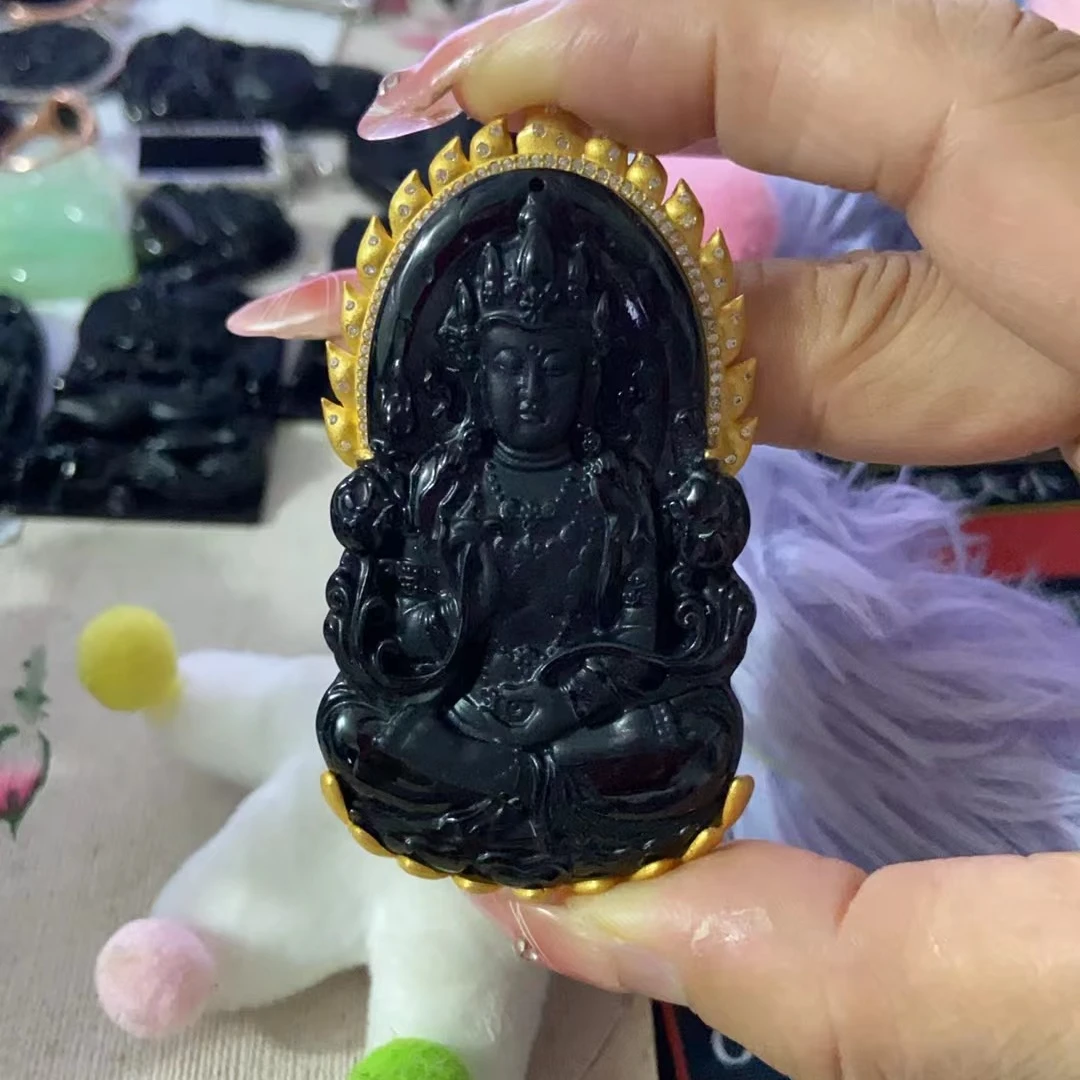 天然缅甸A货翡翠墨翠l莲华度母优选头货黑油亮精美时尚镶嵌镶嵌