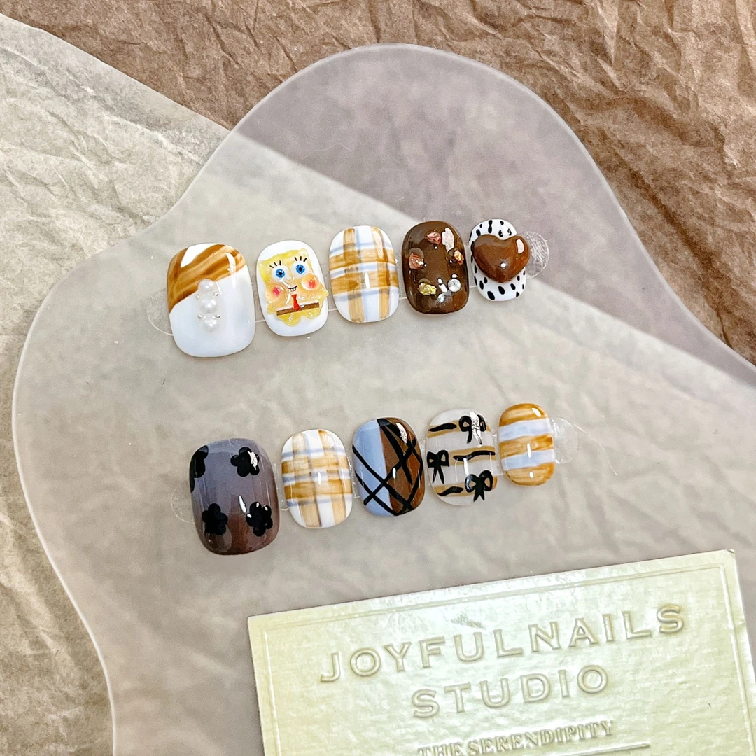 [海绵宝宝]火爆纯手工穿戴甲 可爱风短方圆美甲贴 小众学生美甲贴