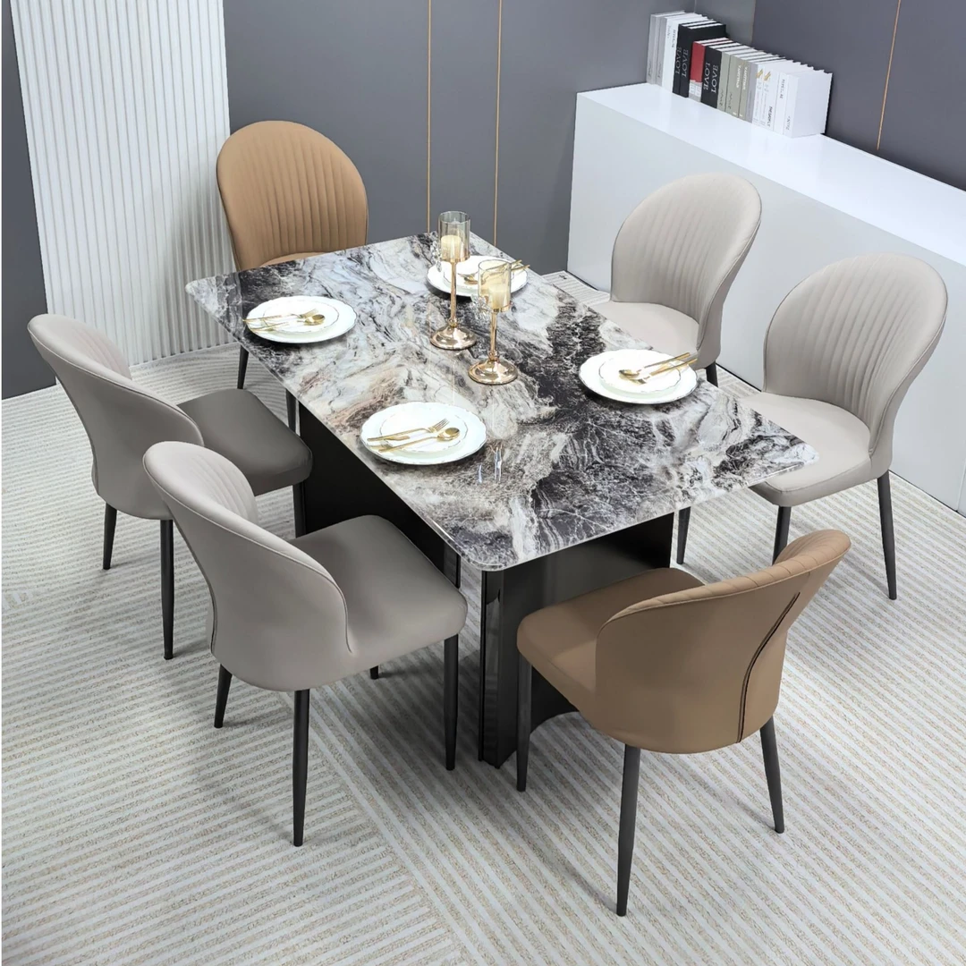 高端奢石碳素钢餐桌吃饭桌餐厅宝藏单品意式简约客厅大理石长方桌