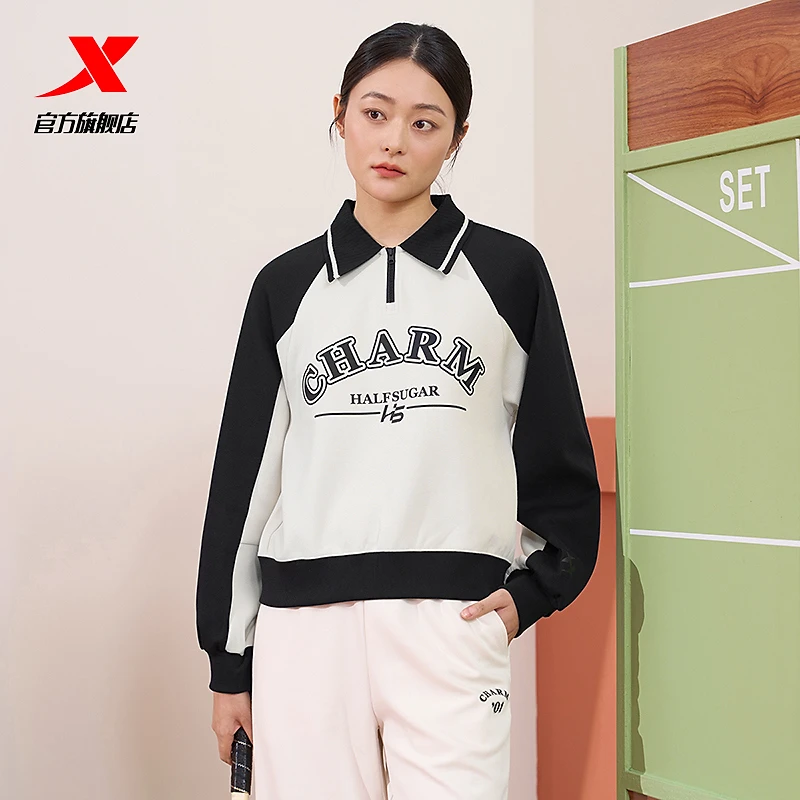 特步运动卫衣女春季新款宽松印花拼色打底上衣百搭拼接潮流套头衫