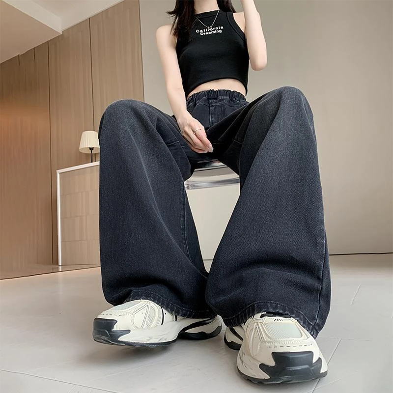 黑色松紧腰时尚直筒牛仔裤女2025新款春季学生显瘦百搭阔腿裤子