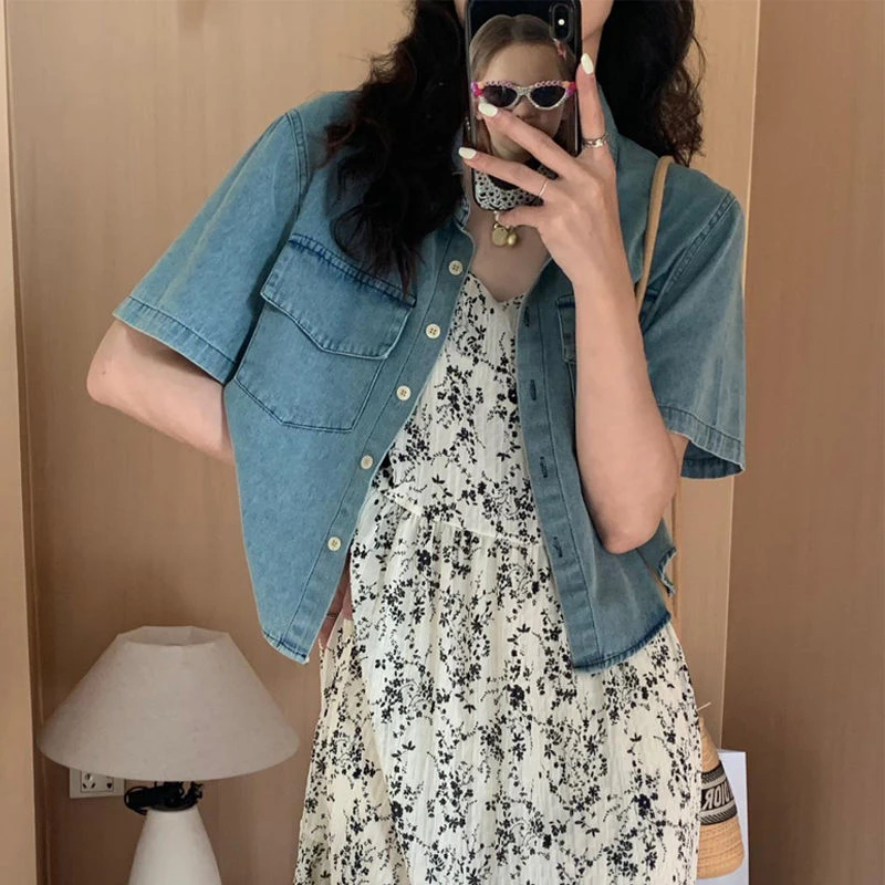 韩系简约百搭牛仔衬衫女休闲短款外套薄款2025春季新款小个子夏天