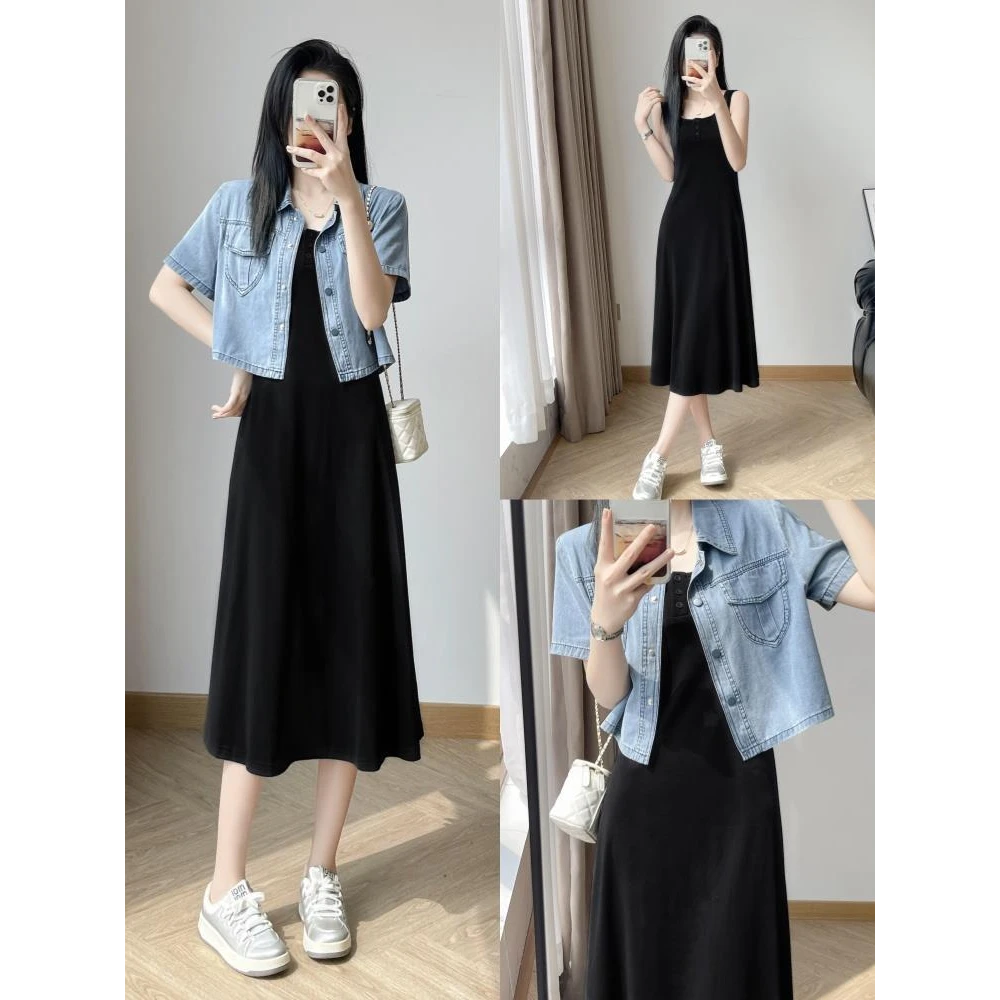 复古减龄牛仔短外套吊带背心裙套装女春季显瘦夹克连衣裙两件套潮