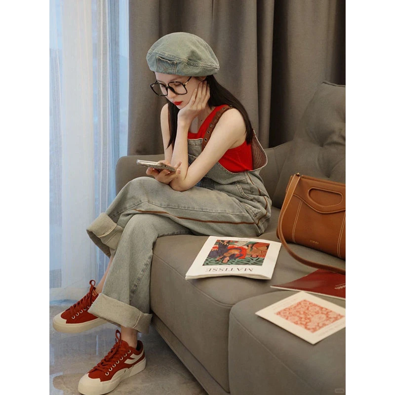 2025春季新款港风高级感套装女学院风减龄牛仔背带裤上衣两件套潮