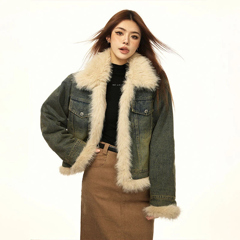 美式复古毛毛翻领牛仔外套女2024秋冬新款高级感加绒加厚百搭棉服