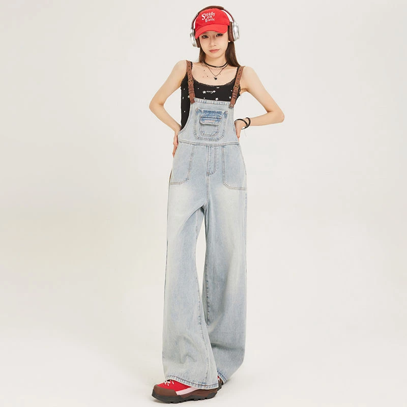 美式复古水洗蓝背带裤女秋季新款宽松显瘦减龄松弛感阔腿连体裤子