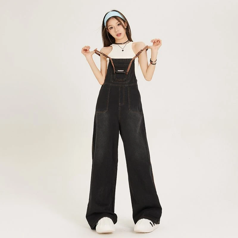 美式复古牛仔背带裤女2025秋季新款设计感宽松bf风减龄阔腿连体裤