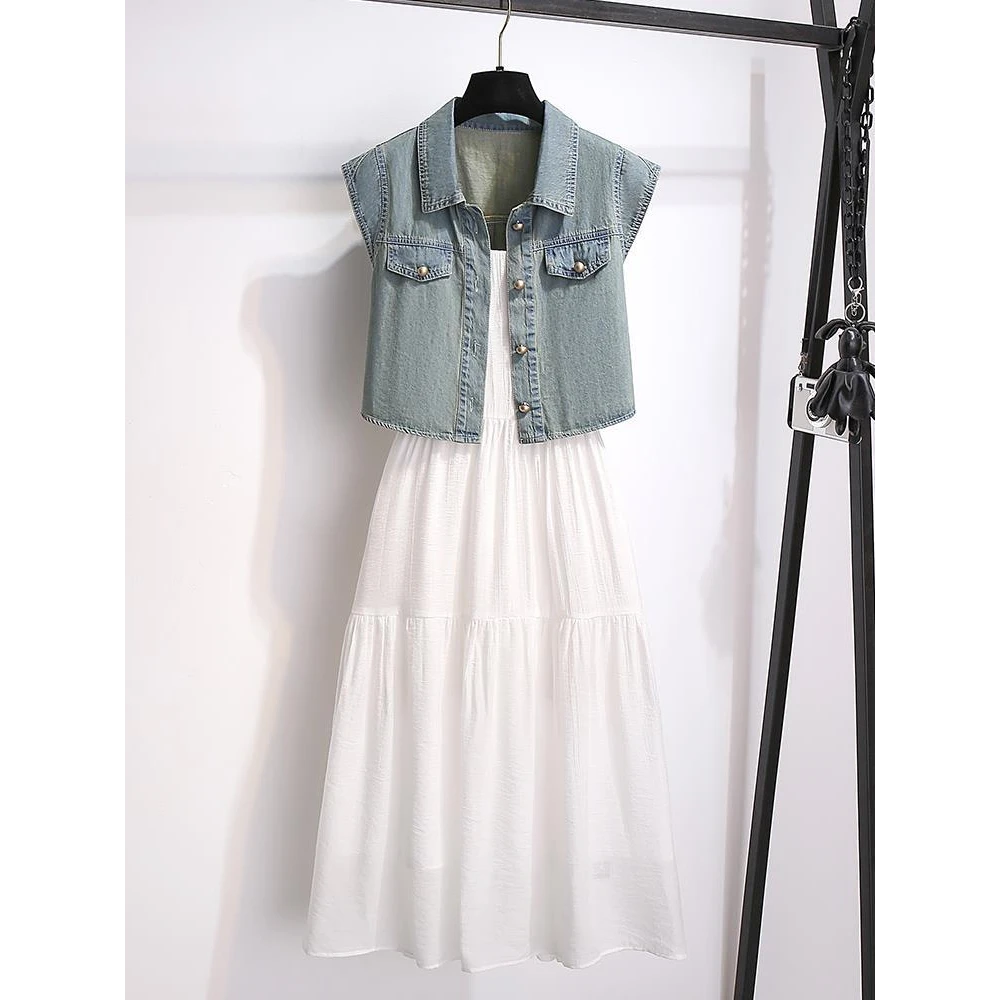 法式复古时尚夏装新款薄款无袖牛仔马甲搭配吊带连衣长裙女两件套