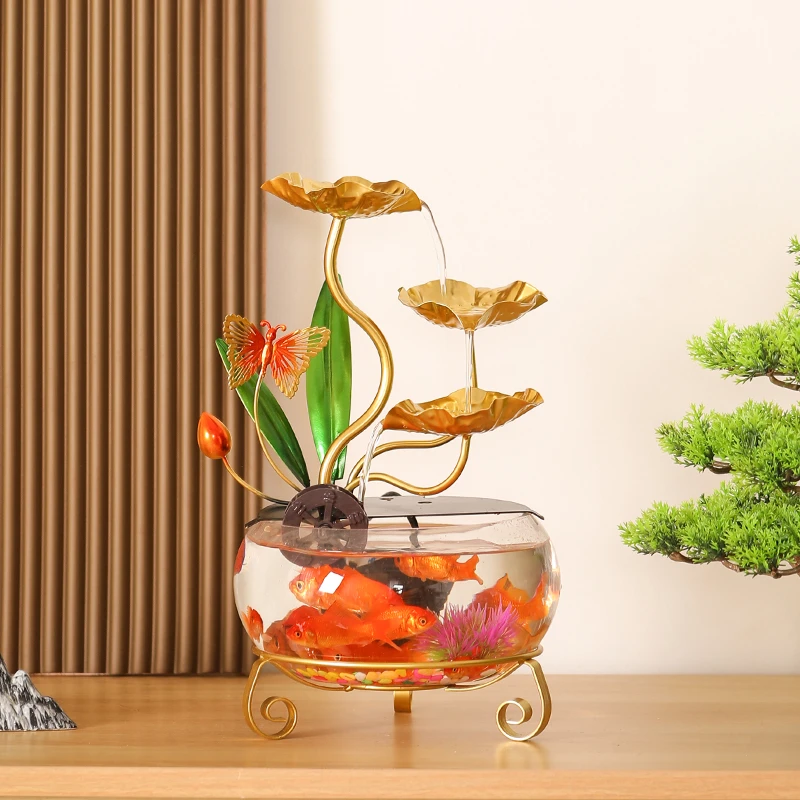 蝶舞金荷循环流水鱼缸玄关茶几桌面书房客厅办公室创意摆件