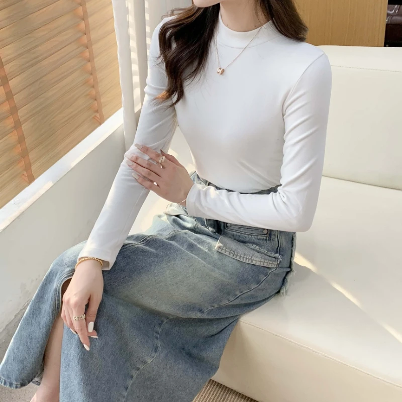 百搭修身半高领长袖秋衣内搭穿上衣春秋基础款打底衫女显瘦纯色