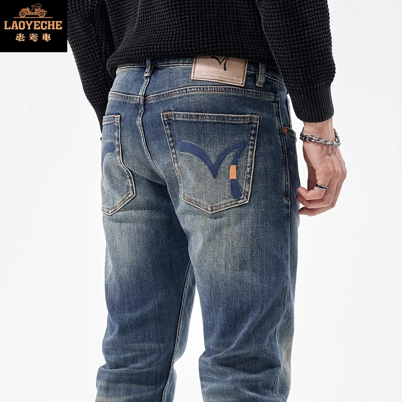 2025秋冬新款男士牛仔裤直筒修身复古潮流时尚百搭潮牌刺绣长裤子