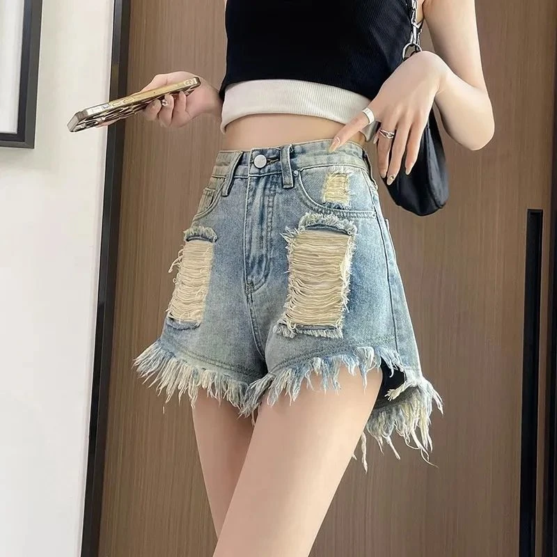 破洞牛仔短裤女夏季薄款2024年新款高腰小个子a字毛边辣妹热裤子