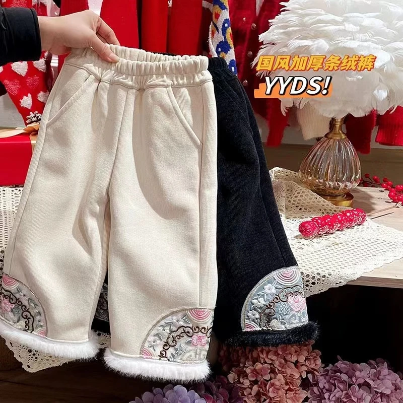 现货E988女童冬季加绒国风裤子