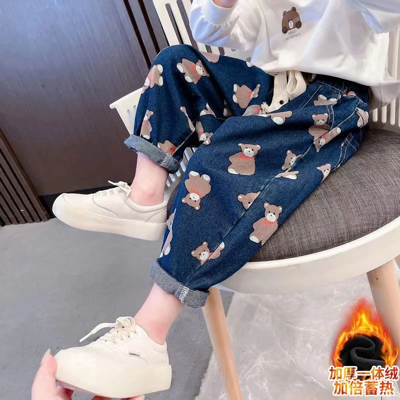 特价现货E513女童冬款小熊加绒牛仔裤
